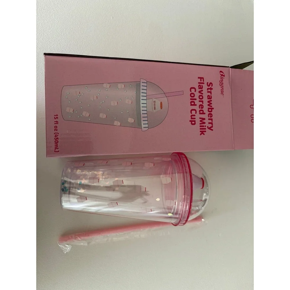 Binggrae Strawberry Milk Cold Cup Tumbler 15oz 450ml‎ Pink Reusable Straw
